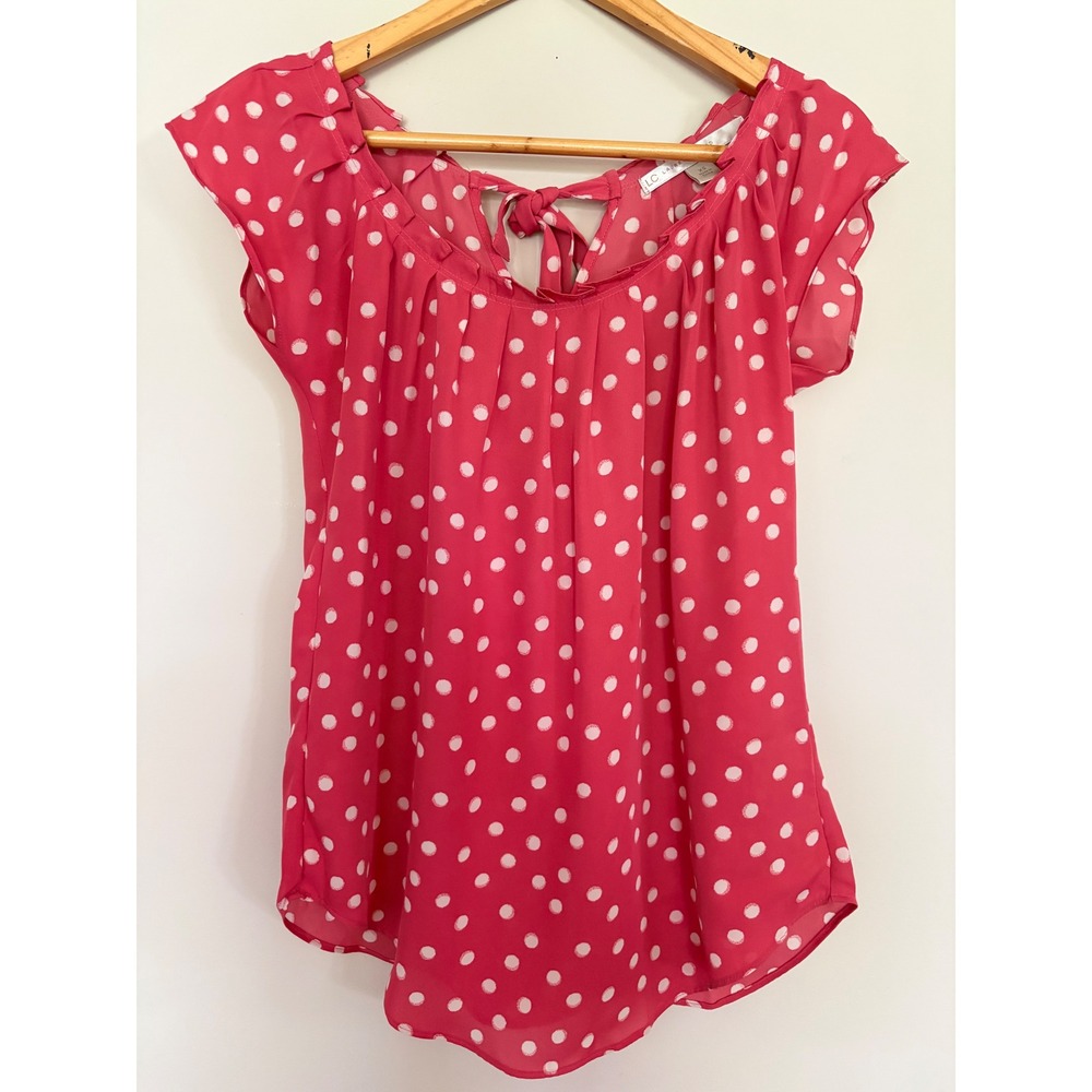 Pink‎ Polka Dot Cap Sleeve Tie Back Blouse Top XS Barbie Work Wear Office Wear